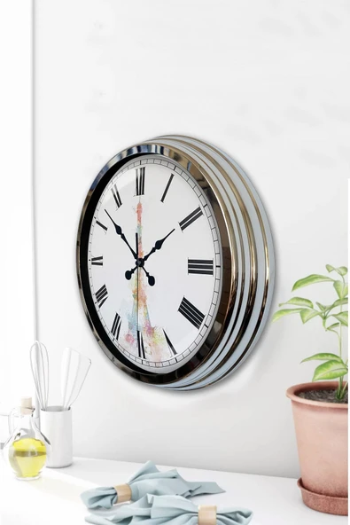 Platin Saat 40 Cm Krom Metal Eyfel Kulesi Duvar Saati - 3