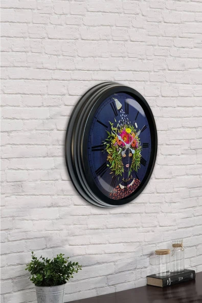 Platin Saat Hediyelik 40 Cm Siyah Metal Flowers Duvar Saati - 2