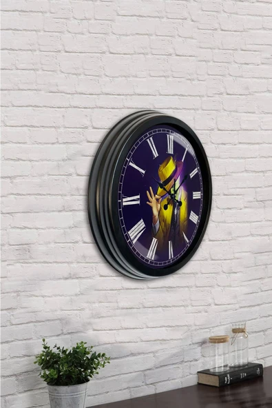 Platin Saat Hediyelik 40 Cm Siyah Metal Maske Duvar Saati - 4