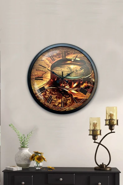 Platin Saat Hediyelik 40 Cm Siyah Metal Harita Duvar Saati - 4