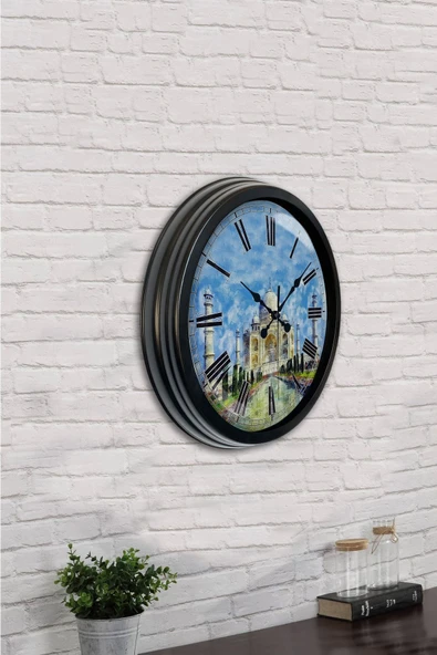 Platin Saat 40 Cm Siyah Metal Taç Mahal Duvar Saati - 4