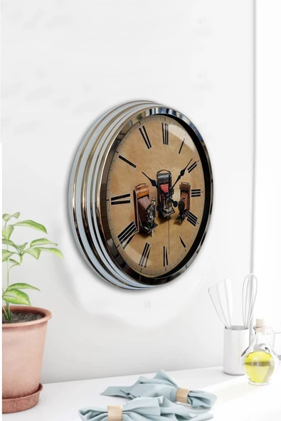 Platin Saat 40 Cm Krom Metal Fotoğraf Makinası Duvar Saati - 2