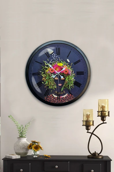 Platin Saat Hediyelik 40 Cm Siyah Metal Flowers Duvar Saati - 4