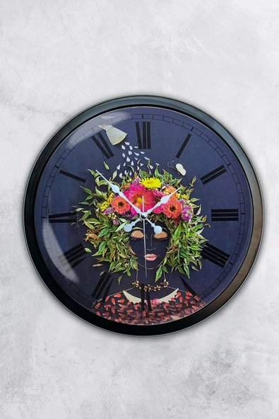 Platin Saat Hediyelik 40 Cm Siyah Metal Flowers Duvar Saati - 1