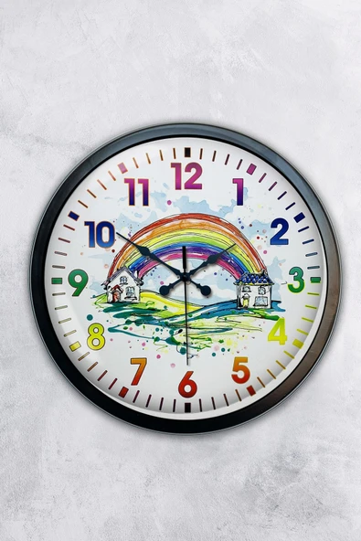 Platin Saat 40 Cm Siyah Metal Çocuk Gökkuşağı Duvar Saati