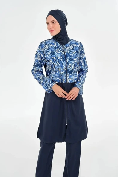 Rozamay 253502 Viola Lacivert  Tam Boy Lycralı Dijital Desen Tesettür Mayo - Resim 5