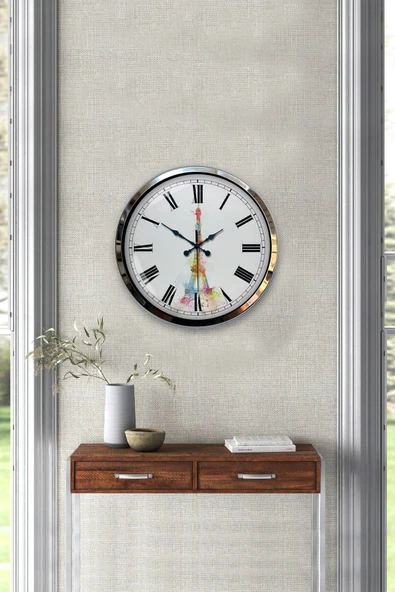 Platin Saat 40 Cm Krom Metal Eyfel Kulesi Duvar Saati - 4