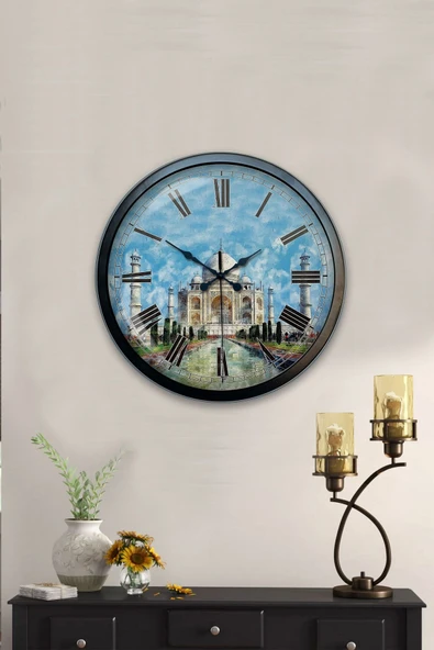 Platin Saat 40 Cm Siyah Metal Taç Mahal Duvar Saati - 2