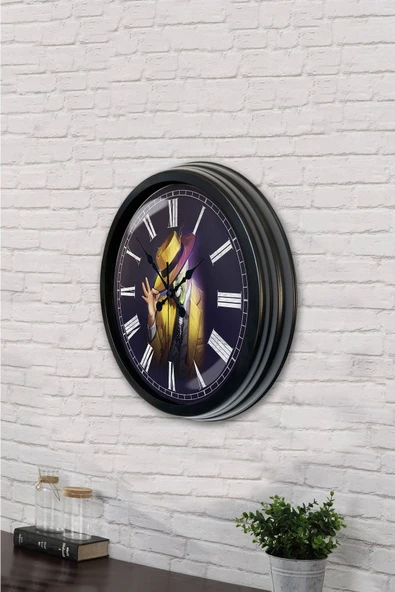 Platin Saat Hediyelik 40 Cm Siyah Metal Maske Duvar Saati - 3