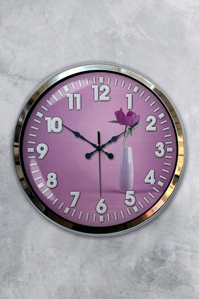 Platin Saat Hediyelik 40 Cm Krom Metal Çiçek Duvar Saati