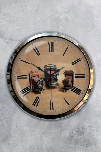 Platin Saat 40 Cm Krom Metal Fotoğraf Makinası Duvar Saati