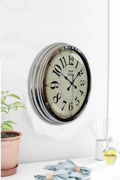 Platin Saat Hediyelik 40 Cm Krom Metal Tasarım Duvar Saati - 4