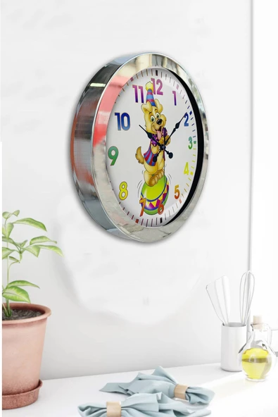 Platin Saat Hediyelik 36 Cm Krom Metal Palyaço Duvar Saati - 4