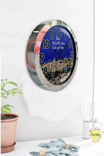 Platin Saat Hediyelik 36 Cm Krom Metal Kudüs Duvar Saati - 4
