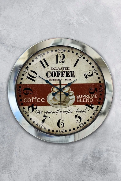 Platin Saat Hediyelik 36 Cm Krom Metal Espresso Duvar Saati