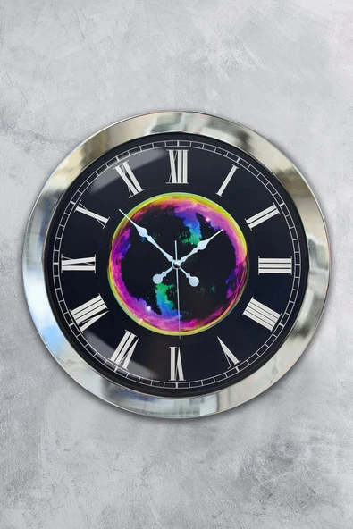Platin Saat Hediyelik 36 Cm Krom Metal Galaksi Duvar Saati