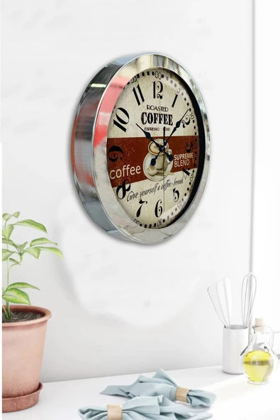 Platin Saat Hediyelik 36 Cm Krom Metal Espresso Duvar Saati - 4