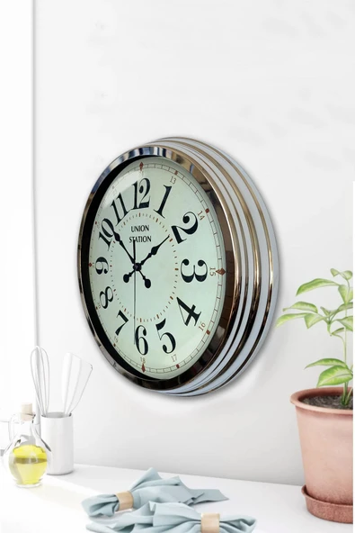 Platin Saat Hediyelik 40 Cm Krom Metal Tasarım Duvar Saati - 3