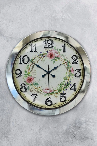 Platin Saat 36 Cm Krom Metal Çiçek Tacı Duvar Saati