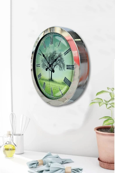 Platin Saat Hediyelik 36 Cm Krom Metal Çınar Duvar Saati - 3