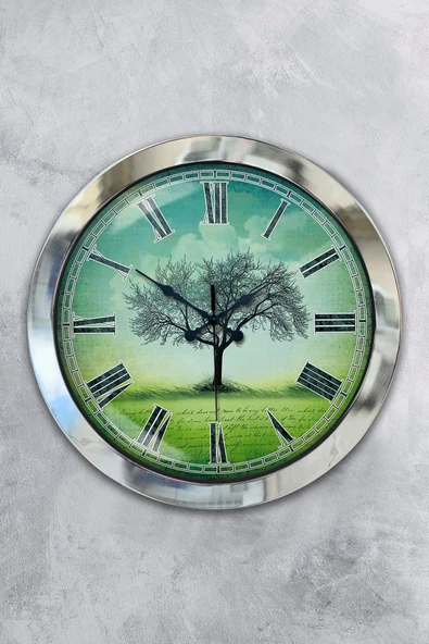 Platin Saat Hediyelik 36 Cm Krom Metal Çınar Duvar Saati - 1
