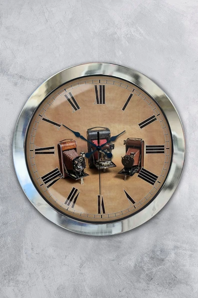 Platin Saat 36 Cm Krom Metal Fotoğraf Makinası Duvar Saati