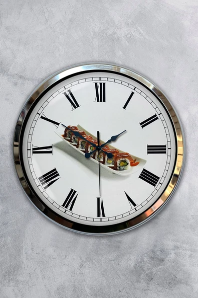 Platin Saat Hediyelik 40 Cm Krom Metal Sushi Duvar Saati