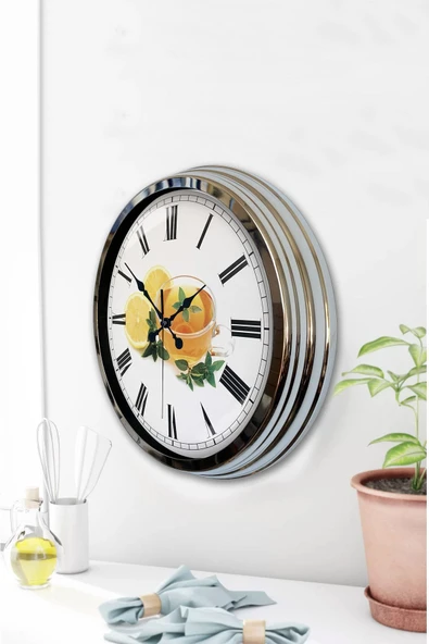 Platin Saat 40 Cm Krom Metal Limonlu Çay Duvar Saati - 3