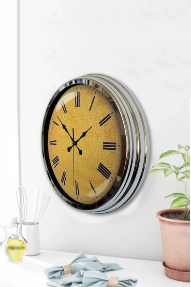 Platin Saat Hediyelik 40 Cm Krom Metal Sarı Duvar Saati - 3