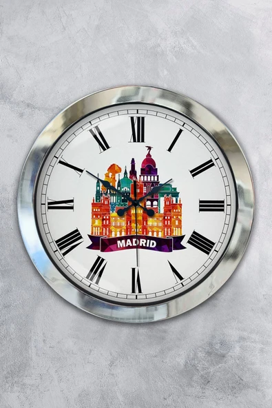Platin Saat 36 Cm Krom Metal Madrid Temalı Duvar Saati