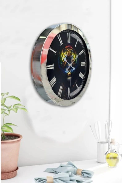 Platin Saat Hediyelik 36 Cm Krom Metal Hayvanlar Duvar Saati - 4