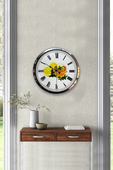 Platin Saat 40 Cm Krom Metal Limonlu Çay Duvar Saati - 4