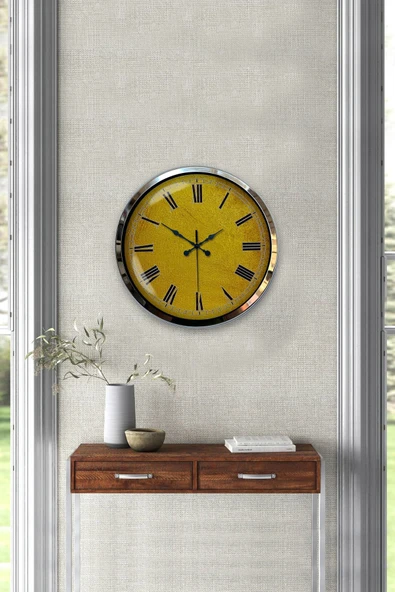 Platin Saat Hediyelik 40 Cm Krom Metal Sarı Duvar Saati - 2
