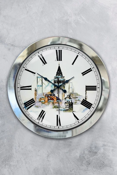 Platin Saat 36 Cm Krom Metal Kız Kulesi Duvar Saati