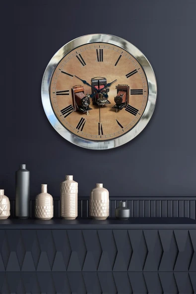 Platin Saat 36 Cm Krom Metal Fotoğraf Makinası Duvar Saati - 2