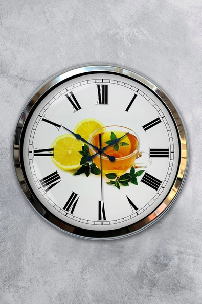 Platin Saat 40 Cm Krom Metal Limonlu Çay Duvar Saati