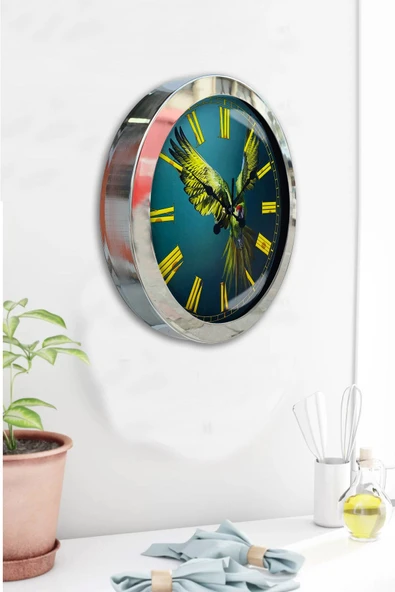 Platin Saat Hediyelik 36 Cm Krom Metal Papağan Duvar Saati - 4
