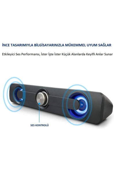 LED Işıklı USB ve 3.5mm Girişli Soundbar Hoparlör Masaüstü Laptop TV ve Telefon Uyumlu 2x2.5W - 3