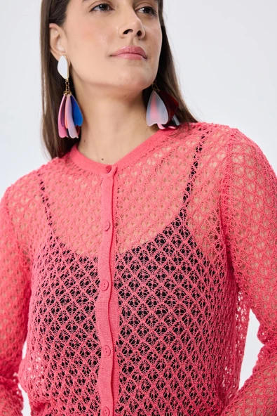 Peraluna Addison Ajur Örgülü Kadın Triko Hırka - KORAL - 7