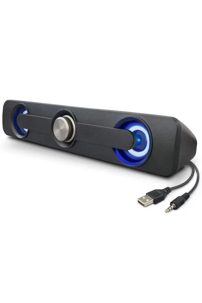 LED Işıklı USB ve 3.5mm Girişli Soundbar Hoparlör Masaüstü Laptop TV ve Telefon Uyumlu 2x2.5W