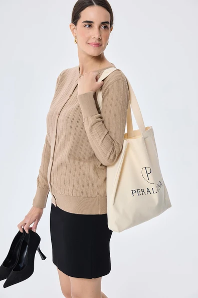 Peraluna Celine, Ajur Örgülü Kadın Triko Hırka - KAMEL - 7