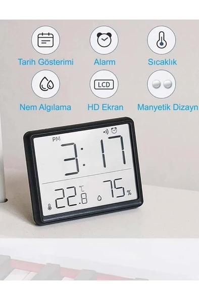 Alfalink Mıknatıslı LCD HD Dijital Ekran Pilli Mini Saat Alarm Nem Göstergesi Sıcaklık Ölçer - 4