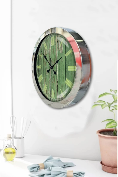 Platin Saat 36 Cm Krom Metal Yeşil Desen Duvar Saati - 3