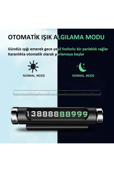 Otomatik Işık Algılamalı Geçici Park Telefon Numaratörü Fosforlu Araç İçi Plaka - 6