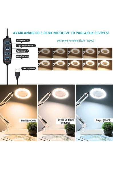 Büyüteçli Masa Lambası LED Işıklı 5/8X Mercekli Göz Koruyucu Işık USB Kısılabilir Aydınlatma Okuma - 5