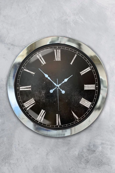 Platin Saat Hediyelik 36 Cm Krom Metal Siyah Duvar Saati - 1