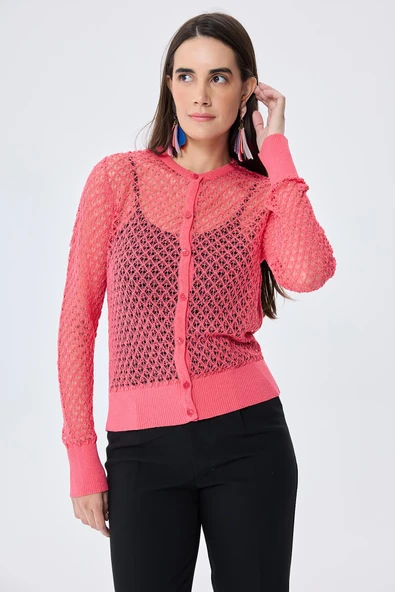 Peraluna Addison Ajur Örgülü Kadın Triko Hırka - KORAL - 4