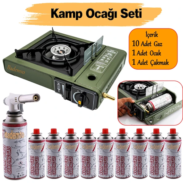 Taşınabilir Portatif Kamp Ocağı Tek Gözlü 10 Adet Gaz Kartuşlu Tüp Uyumlu Bağlantı Gezi Piknik Ocak
