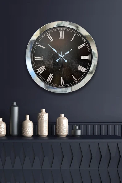 Platin Saat Hediyelik 36 Cm Krom Metal Siyah Duvar Saati - 2