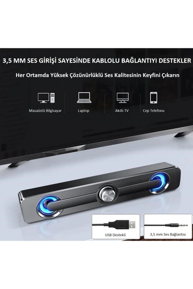 LED Işıklı USB ve 3.5mm Girişli Soundbar Hoparlör Masaüstü Laptop TV ve Telefon Uyumlu 2x2.5W - 6